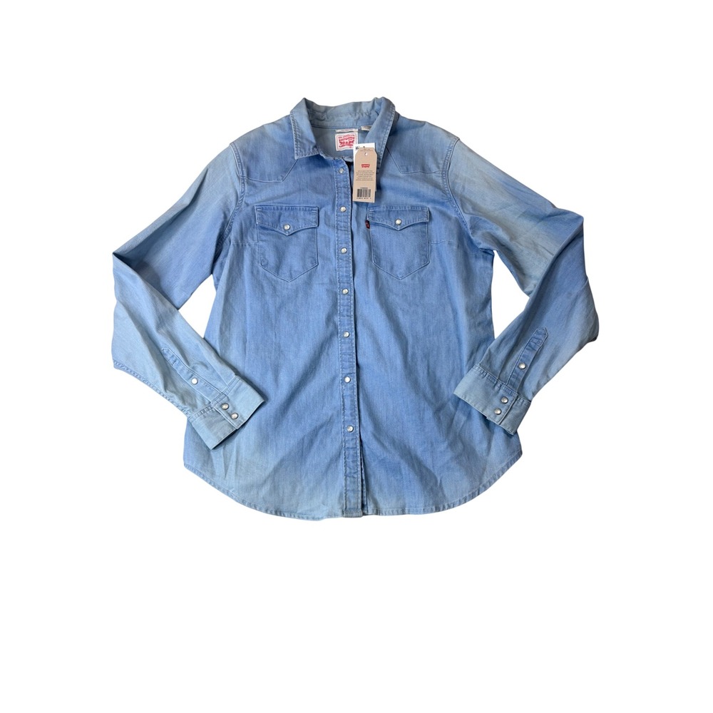 Levis Womens Tailored Fit Western Denim Shirt Light Wash Blue Snap Front XL - Picture 1 of 7